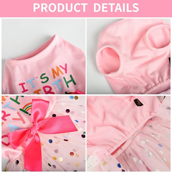 Dog Birthday Outfit Clothes for Small Medium Dogs, Print Colorful Polka Dot Mesh Dresses Girl Dog Clothes, Summer Tutu Princess Pet Puppy Clothing Doggie Outfits Cat Apparel, Large, Pink