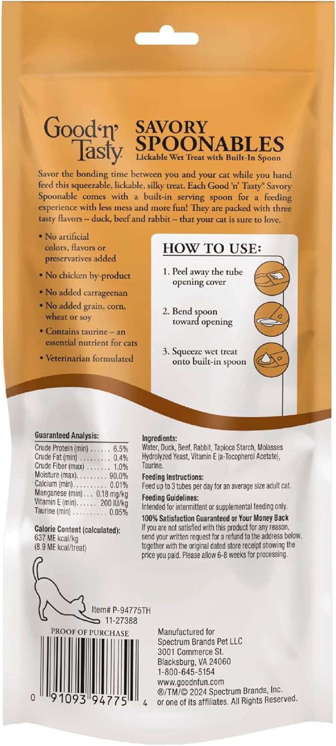 Good ‘n’ Tasty Savory Spoonables with Real Duck, Beef & Rabbit, 6 Count Tube, Triple Flavor Squeezable Lickable Wet Treats for Cats with Built-in Spoon for Less Mess (Pack of 2)