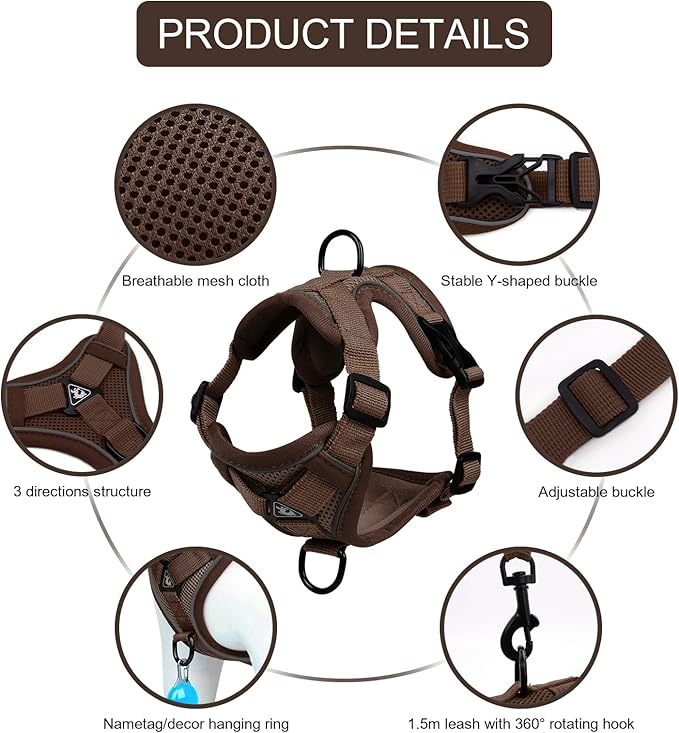 Cat Harness and Leash Set, Upgraded Escape Proof Adjustable Kitten Vest with Lead for Small Cat Outdoor Walking, Soft Breathable Mesh Jacket with Reflective Strips for Dark Night L Coffee Brown