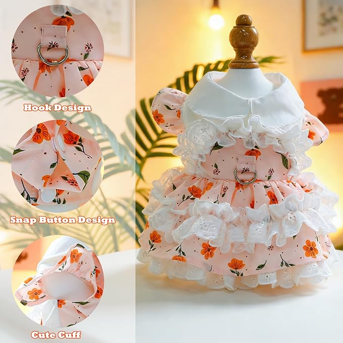 2 Pcs Pet Floral Dress and Lace Sunhat, Summer Skirt with Laces for Dog, Cute Bowknot Dresses for Cat, for Birthday Party and Outdoor Travel (Orange, Medium)