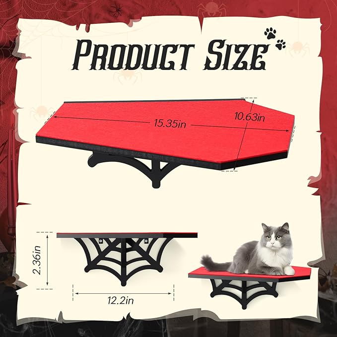 Gemscream Gothic Wall Mounted Halloween Shelf Coffin Spider Web Style Cat Tree Wall Load Bearing up to 30 Lbs/ 14 kg Black Cat for Indoor