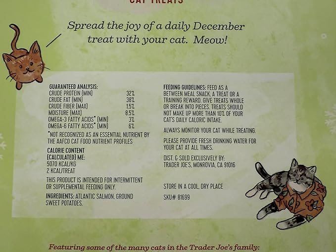 Trader Joe's Advent Calender for Cats Salmon & Dried Seaweed Recipe Cat Treats Christmas Holiday Pet Calendar - 5.11 oz. Box
