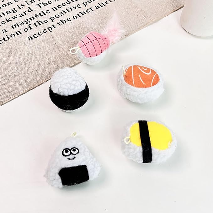 Sushi Cat Toy Set 5pcs Cute Soft Funny Sushi Plush Catnip Toys with Bell and Feathers Kitten Teething Chew Toys for Indoor Boredom Relief Interactive Cat Toys Teaser Wand Replacement Accessories