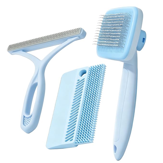 Self-Cleaning Cat Shedding Grooming Brush for Small Dog Pet Short Hair Remover Set Reusable Lint Removal Tool Carpet Scraper for Clothes Couch Bedding Furniture Car Blue