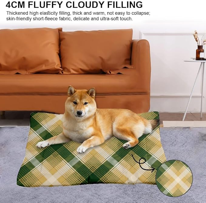 Green Yellow Plaid Dogs Bed Non Slip Bottom Anti Chew Dog Pad Cozy Soft Mat for Dog Crate Car Essentials Printed Bed Mats Gift Comfortable Pet 36× 24 Inch Indoor Outdoor