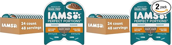 IAMS Perfect Portions Indoor Adult Wet Cat Food Cuts in Gravy,Chicken Recipe,2.6 oz. Easy Peel Twin-Pack Trays (,48 Servings),24 Count (Pack of 2)