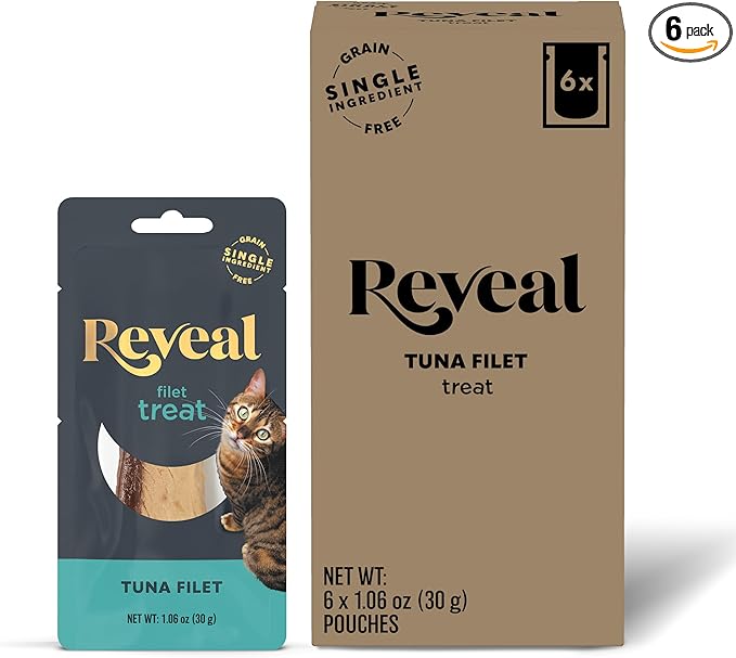Reveal Natural Cat Treats, 6 Count Single Ingredient Treat for Cats, Grain Free, Whole Tuna Loin, 1.06 oz Bags
