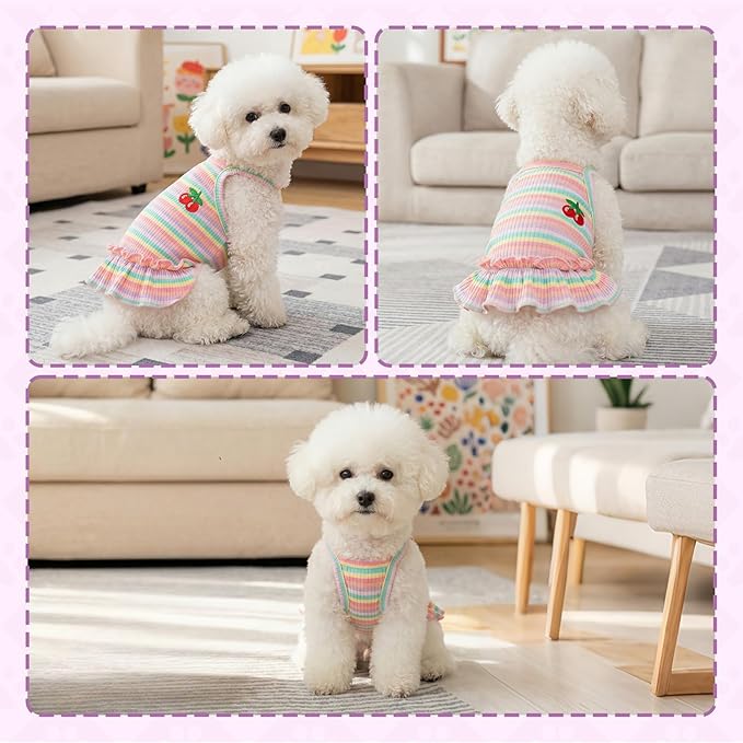 Jmkcoz Cute Striped Dog T Shirts Cherry Puppy Dress Soft Cotton Pet Sleeveless Vest Clothes Spring Summer Pet Outfits for Small Dogs Cats Girl (Pink, Small)
