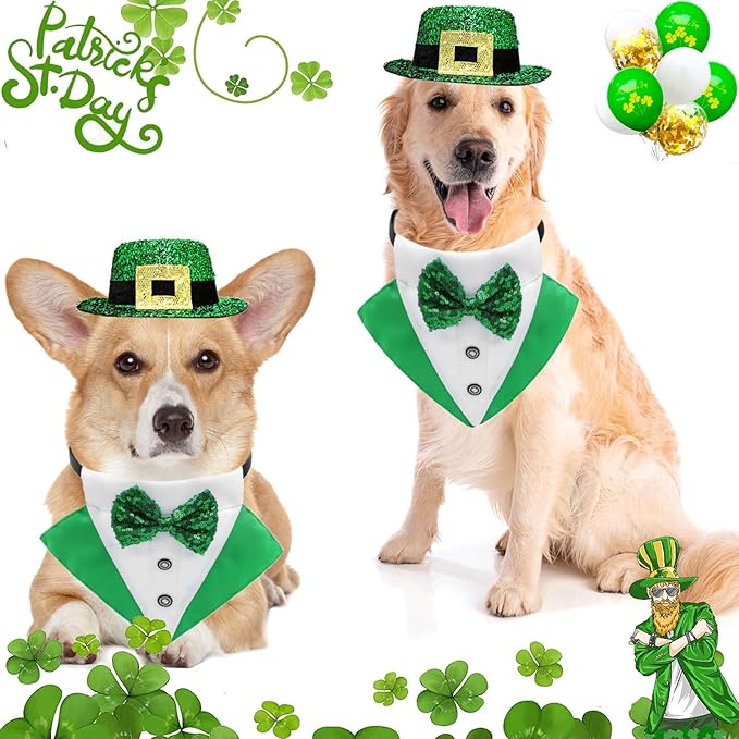 St.Patrick's Day Dog Costume 3Pack Puppy Bandana Top Hat Green Shamrock Bow Tie Collar Adjustable Pet Scarf Formal Tux Clothes Irish Tuxedo Outfits for Dogs Cat Dress (3Pcs Irish Hat Tux Bow, Small)