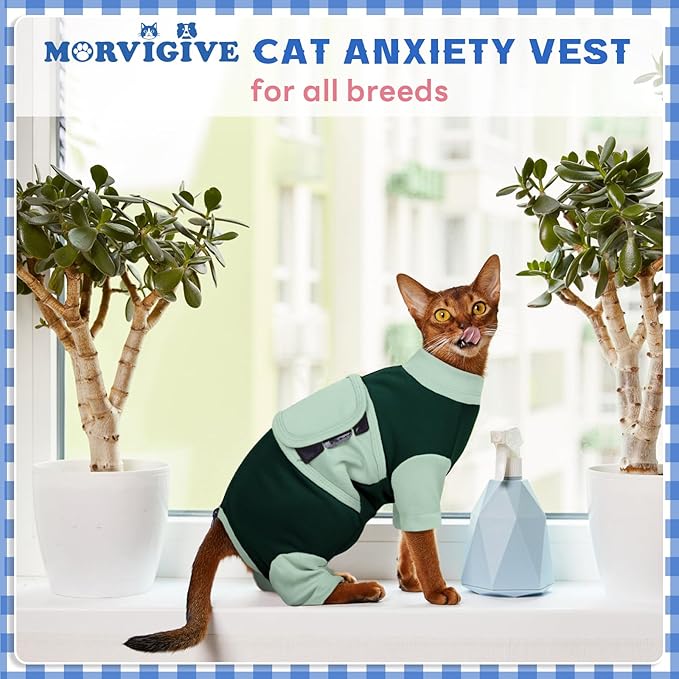 Anxiety Relief Catsuit, Color Blocking Cat Clothes, Adjustable Calming Onesie for Separation, Vet Visit, Thunderstorms, Fireworks, Travelling, Anti-Anxiety Wrap for Cats, Green Large