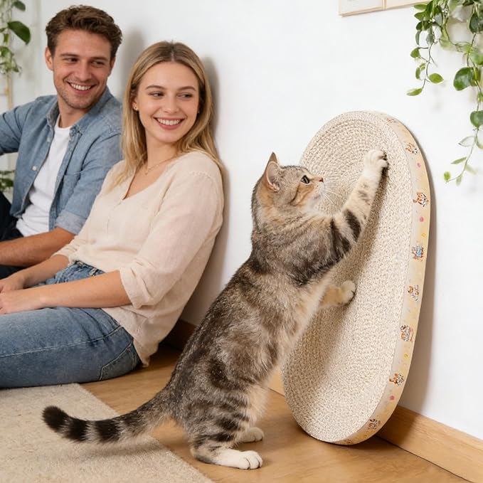 Cardboard Cat Scratcher - Protects Furniture & Soothes Your Cat | Oval/Round Scratching Pad with Non-Slip Bottom | for Indoor, Apartments, Living Rooms, Durable Cardboard, Cats Bed & Toy