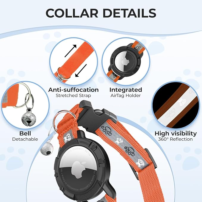 Breakaway AirTag Cat Collar, Reflective Cat Tracker Collar with Air Tag Holder and Bell, Safety Elastic Band Cat GPS Collars for Girl Boy Cats, Kittens and Puppies (Orange, 8-13'')