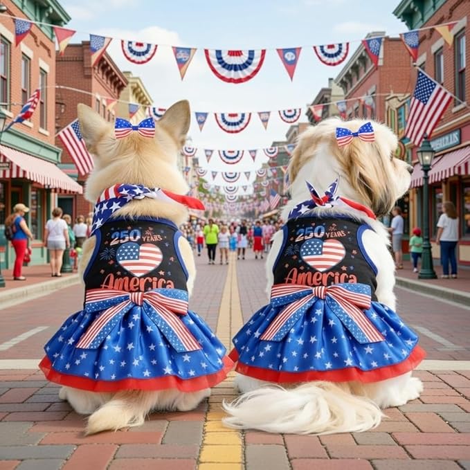 Small Dog Cat America's 250th Anniversary 4th of July Dress, Bandana & Bow Clip 3 Piece Accessories L