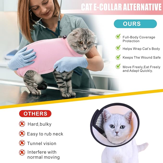 Idepet Cat Surgery Recovery Suit Kitten Onesie for Cats After Surgery Female Breathable Kitty Spay Suit for Abdominal Wound Skin Diseases E-Collar Alternative Wear(Pink,S)