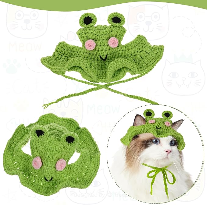 Thinp Cat Frog Hat, Cotton & Soft Cute Knitted Hats for Cats Crochet Cat Hats for Cats Birthday Party Christmas Knit Puppy Hat for Small Pets (Green, M)