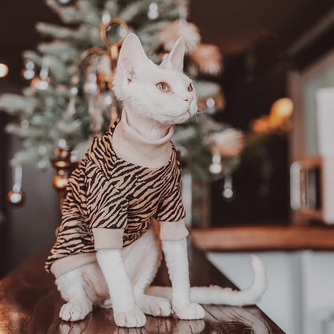 Vintage Mulan Cotton Sphynx Hairless Cats Shirt Cat Turtleneck Pet Clothes Kitten T-Shirts with Sleeves for Sphynx Cornish Rex, Devon Rex, Peterbald (Small, Zebra)