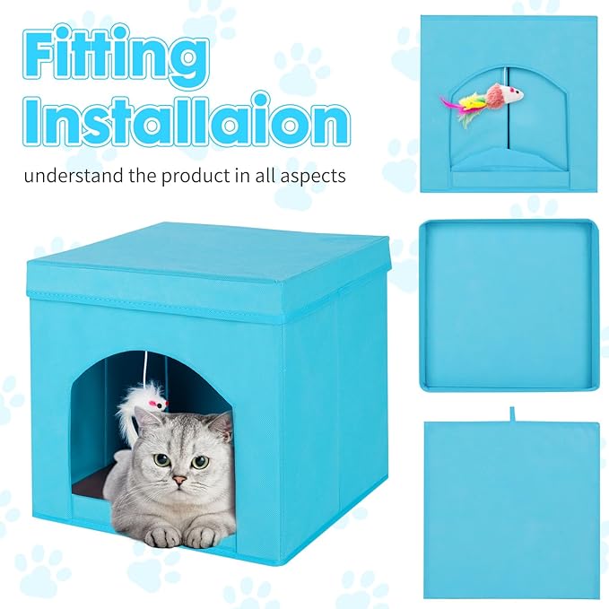 ShellKingdom Collapsible Cat House, Foldable Kitty Cat Cube and Cat Cave with Bed, Cat Stool Condo for Indoor Cats, 13 x 13 x 13 inches (Blue)