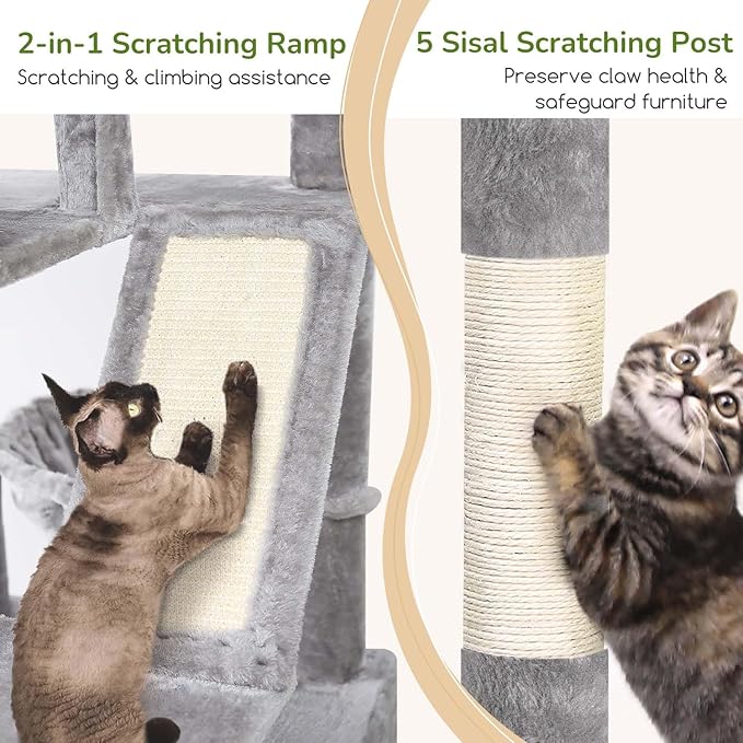 Globlazer 74in Heavy Duty Cat Tree for Large Indoor Cats, Multi-Level Cat Tower with Scratching Post, Cat Condos with Climbing Ladder, Hammock, Extra Large Top Perches, Pet Bed, F74D, Light Grey