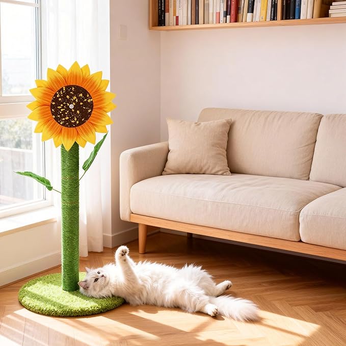 Sunflower Cat Scratching Post & Interactive Toy | 38" Tall Scratcher with Rotating Flower Top for Indoor Cats, from Kittens to Large Adults