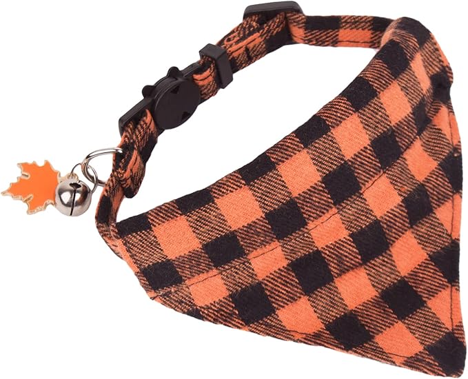 ADOGGYGO Holiday Cat Collars Breakaway with DIY Pumpkin Maple Charms, 2 Pack Halloween Thanksgiving Kitten Collar with Removable Bowtie Bandana, Plaid Bandana Collar for Kittens Cats