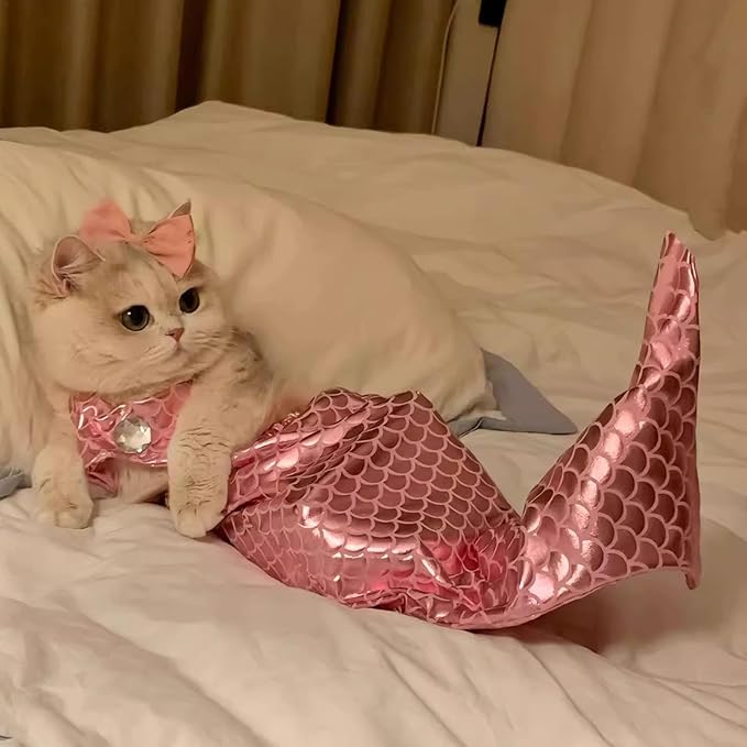 Generic cat Mermaid Costume, Mermaid Tail for Cats, Mermaid Tail Clothes Sequin Mermaid Dress, Comfortable & Soft Dog Outfit, Funny Pet Costumes for Cat and Dog, Pink