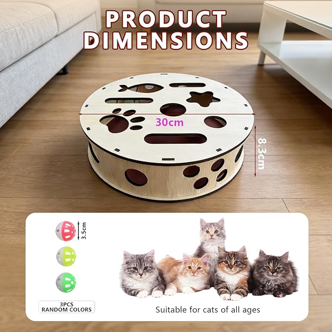 Cylindrical Cat Nail File Box, Wooden Cat Scratch Puzzle Enrichment Box with Sandpaper & 3 Bell Balls, Interactive Cat Scratcher for Nail Trimming, Stress-Free Alternative to Clippers for Indoor Cats