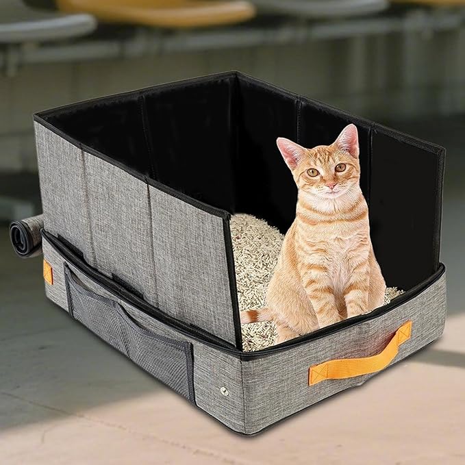 Foldable Pet Litter Pan, 50x40x13cm Oxford Cloth Box, Zippered Lid Enclosure, Vehicle Travel, Camping Trips, Hotel Stays, Road Trips, Mobile Grooming