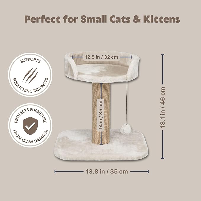 Trixie Mica 18-in Cat Tree for Kittens, Indoor Jute Scratching Post Cat Furniture, Padded Platform, Dangling Toy, Greige