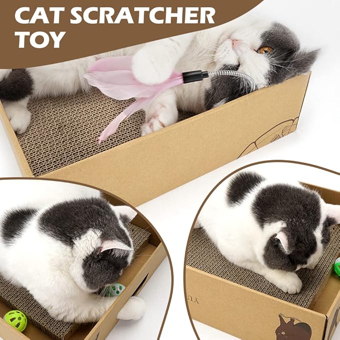Cat Scratcher Box with 3 PCS Scratching Pads, Reversible Corrugated Cardboard Lounge Bed with Feather Toy and Balls Recyclable Cat Scratcher Cardboard for Indoor Cats