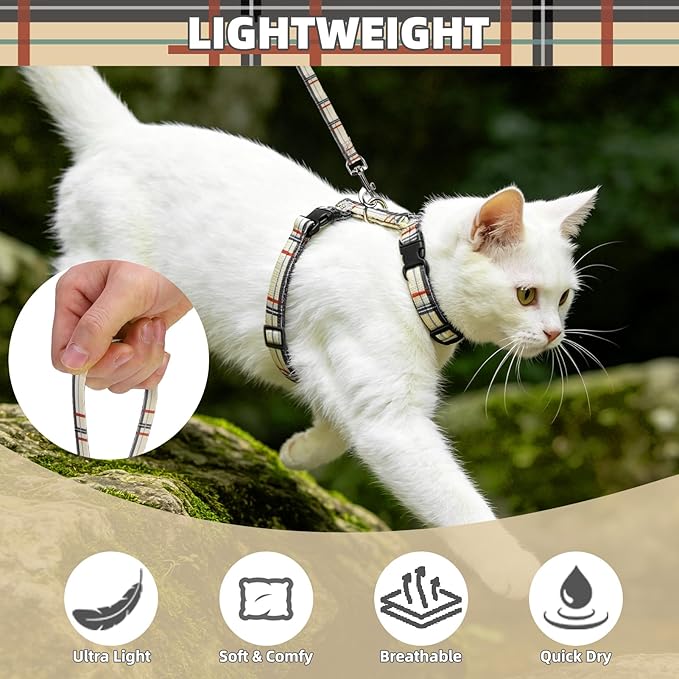 PUPTECK Adjustable Cat Harness and Leash Set Escape Proof Kitten Strap Collar for Walking Travel, Beige Plaid