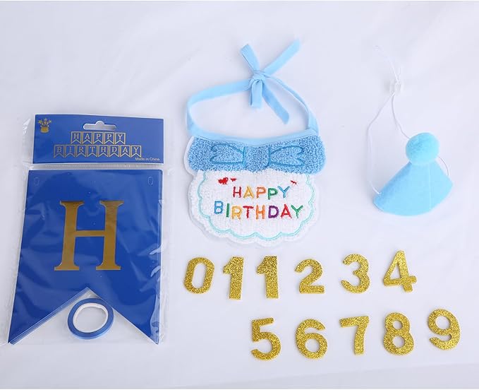 Lasflores Blue Boy Cat Birthday Supplies Set - Kitten Hat, Number Decor & Happy Birthday Banner Outfits