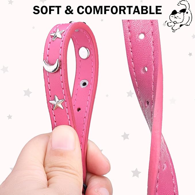 Leather Cat Collars for Boy Girl Cats with Bell and Safety Elastic Belt, Personalized Star and Moon Stud Adjustable Safe Buckle Collar for Kitty Small Big Cats Size 7-9 Inch, Rose