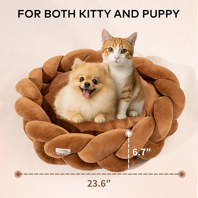 CHEERPALS Weave Cat Bed for Indoor Cats,Cute Pet Bed with Washable Cushion Fluffy Kitty Bed for Small Dog(Caramel)