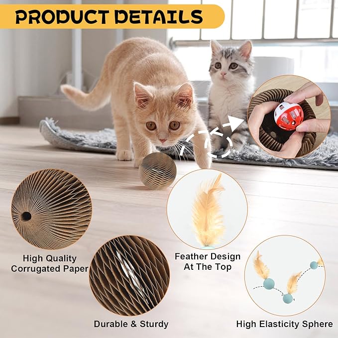 6 PCS Cardboard Cat Ball Toy with Bell & 3 PCS Cat Feather Ball Toy, Tear-resistant Interactive Cat Toy Set for Indoor Outdoor Playing Chewing Training Chasing and Exercise for Cats Stress Relief