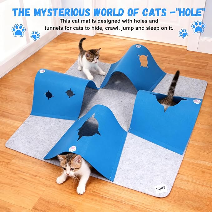35.4" Large Interactive Felt Cat Activity Play Mat – Ripple Style Hide & Seek Tunnel with Hanging Ball, Foldable Snuffle Mat for Indoor Cats, Kittens, Rabbits, Small Pets, Blue