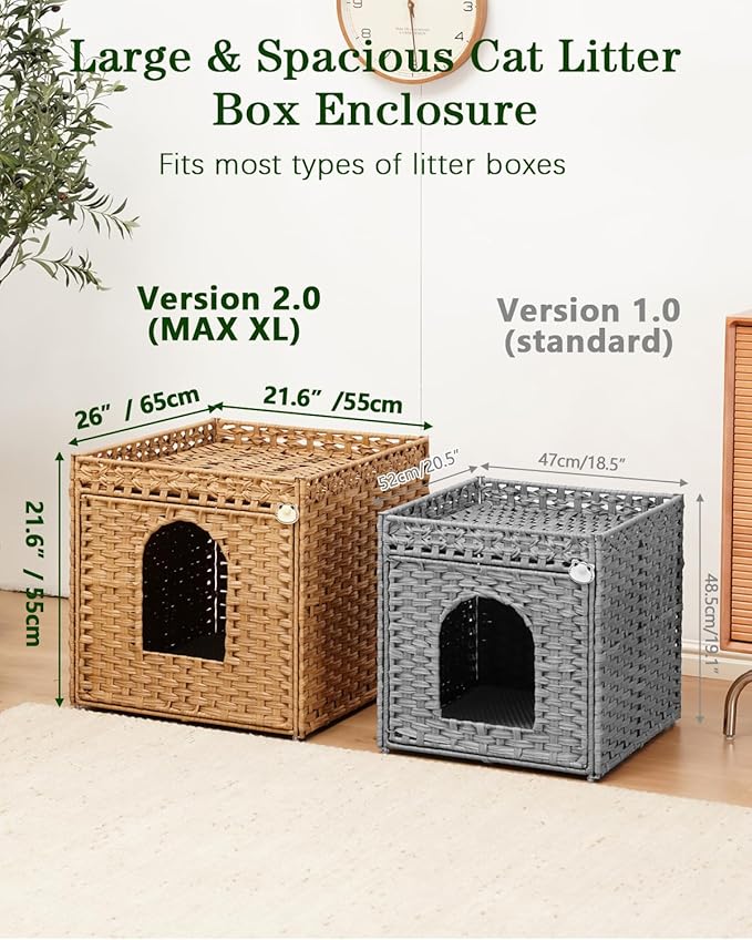 SETVSON Cat Litter Box Enclosure Furniture, Large Hidden Litter Box Furniture, Handwoven Rattan Cat House Cabinet, One Mat, Two S-Shaped Hooks, Living Room, Apartment 21.6 X 26 X 21.6 Inches, Natural
