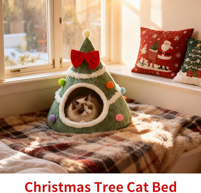 Christmas Cat House - Velvet Pet Tree House Nest, Warm Winter Sleeping Bag, Washable Furniture, Small Medium Large Breeds | Suitable for Bedroom Balcony Living Room Playing Resting Napping