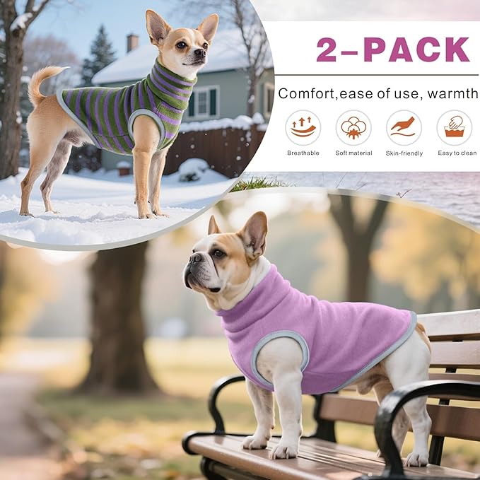 Idepet 2 Pack Striped Dog Sweater, Stretchy Dog Shirt Vest Turtleneck Pet Pullover Puppy Clothes Reflective Sweatshirt Fleece Cat Apparel (Grey Stripe + Purple, Large)