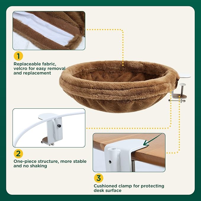 Cat Desk Bed - Soft Faux Fur Fabric, Adjustable Steel Frame, Suitable for Indoor Cats - Perfect Cat Hammock for Desks - Weighing up to 25 lbs, Unique and Modern Cat Furniture