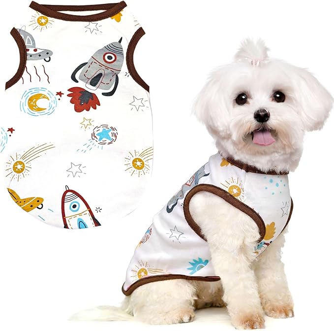 PETCARE Cartoon Dog Shirts for Small Dogs Cute Dog Clothes Brown Spaceship Tshirt Soft Cotton Puppy Pajamas Breathable Sleeveless Pet Tank Top Spring Summer Dogs Clothes for Chihuahua Yorkie Shih Tzu
