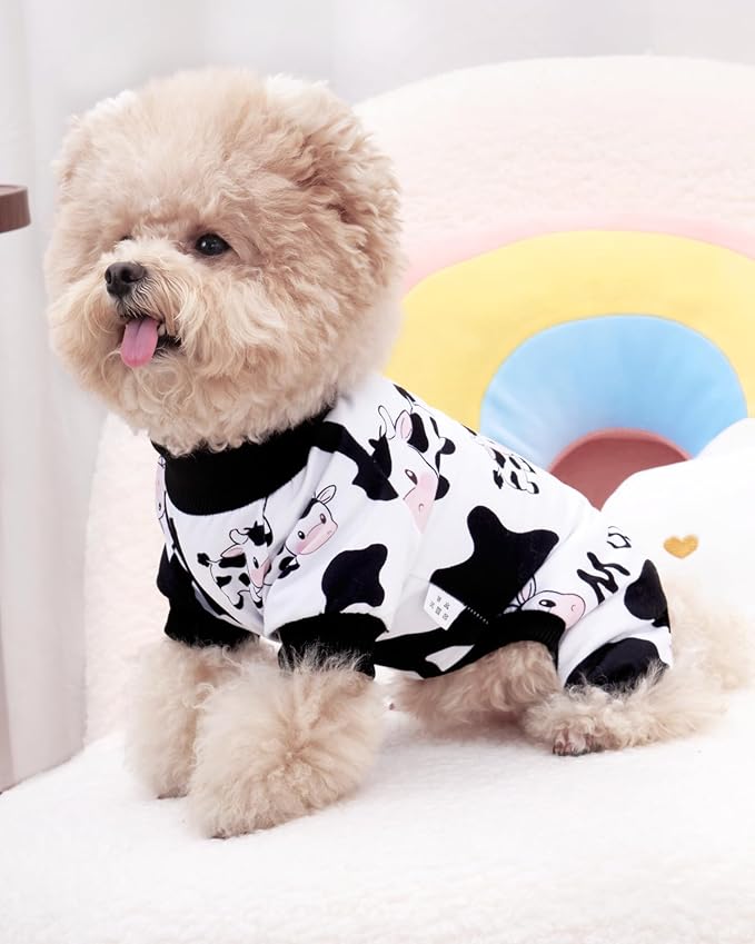 XPUDAC Dog Pajamas Soft Stretchy Cow Dog Clothes for Small Medium Dogs Pet Jumpsuit Cat Apparel-S