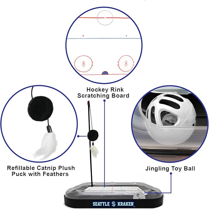 Cat Scratching Toy Hockey Field ICE HOCKEY RINK Cat Scratcher Toy with Interactive Cat Ball Bell in Tracks. 5-in-1 CAT TOY: Cat Wand Poll, CATNIP FILLED Plush Hockey Puck & Feathers