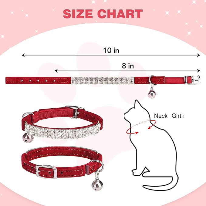 BINGPET Diamond Cat Collar with Bell, Adjustable Soft Velvet Bling Rhinestone Cat Collar, Sparkly Kitten Collar with Safety Elastic & Metal Buckle for Small Medium Cats