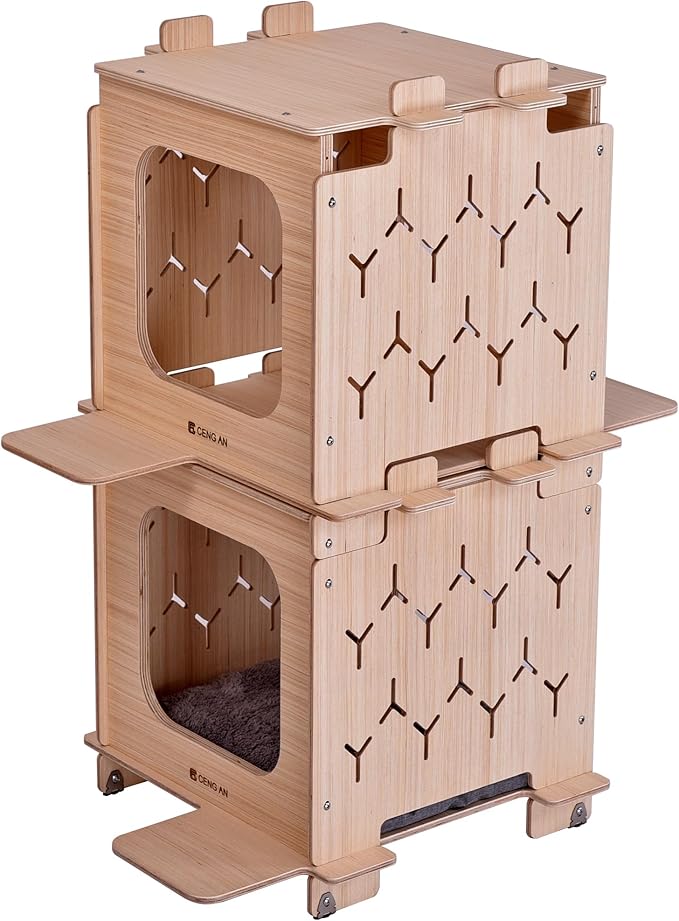Multi-Functional Wooden Creative Cat Condo, Cat Bed, Natural Wood Cat Tower with Scratching Post, Multi-Level Cat Tree House for Cats，Cat Climbing Ladder,Cat Caves,Cat Box