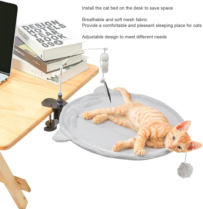 AYNEFY Cat Desk Perch Adjustable Space Saving Mesh Hammock Bed for Cats Breathable Fabric Cat Bed Attachment for Home Office Use Beds Furniture