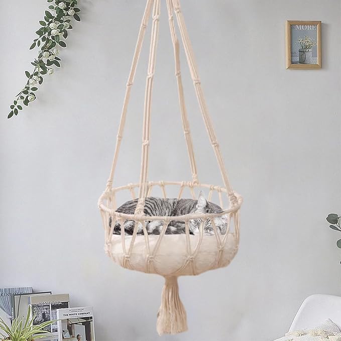 Cat Hammock, Space Saving Hanging Cat Bed Hammock Cat Swing for Indoor Cats, Boho Cat Swing Bed for Sleeping, Playing, Climbing, Lounging