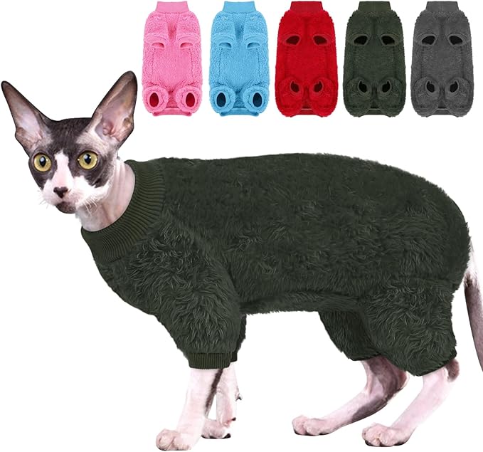Sphynx Hairless Cat Sweater, Full Body Warm Fleece Sweaters with Sleeves for Cats, Soft Turtleneck Cat Clothes, Cozy Pullover Pajamas for Hairless Cats Devon, Donskoy, Army Green S