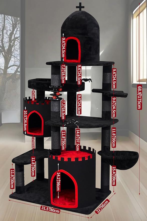 YARUOMY Gothic Castle Cat Tree, 68.9in Black Tall Cat Tower with Coffin Cat Bed, Spacious Cat Condo for Large Cats, Scratching Posts, Spider Hanging Ball,Basket,Cat Ball Track Toy