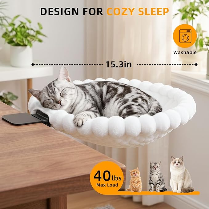 Cat Desk Bed - Faux Rabbit Fur Cat Hammock for Desk, 180° Rotating Adjustable, Reversible Dual-Sided Mat for All Seasons, Removable & Washable, Supports 40 lbs for Office Game Tables
