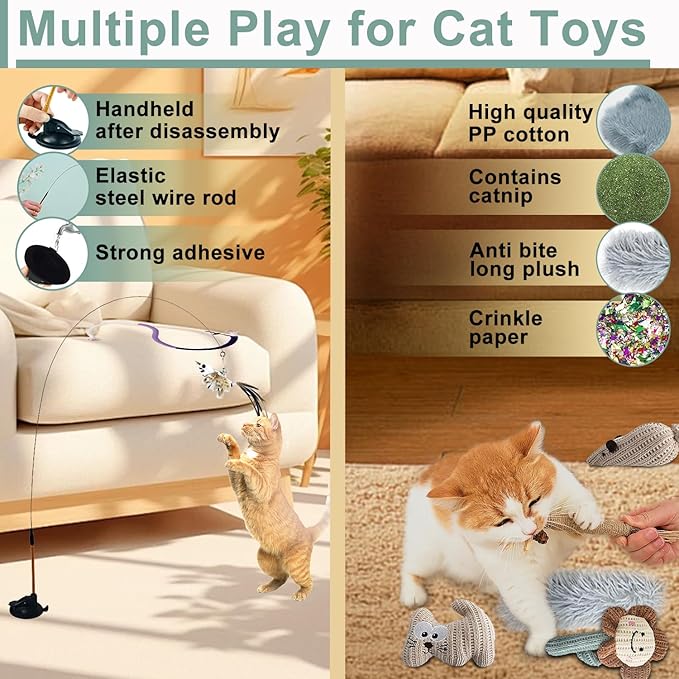 7-in-1 Interactive Cat Toys for Indoor Cats with Adhesive Suction Cup, Hanging Cat Toys, Silvervine Stick and Chew Rope Cat Teething Toys Catnip Toys for Bored Cat & Kitten